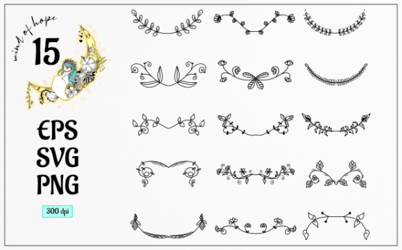 Flower and Leaves Doodle Line Element Graphics