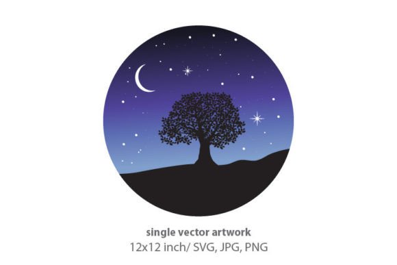 Tree, Mountain, Moon and Stars, Vector