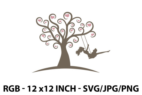 Young Woman Swinging on Scroll Tree with Graphics